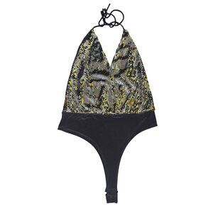 Silver Sequin Halter Bodysuit Size Large Sexy Glam Bling Y2K Club Stripper Disco